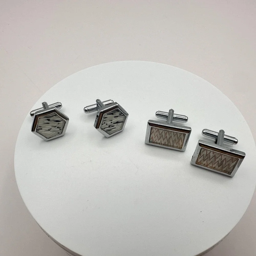 Vintage 60s Mid-Century Silver Tone Cufflink Set Geometric Glass Inlay‎ Jewelry